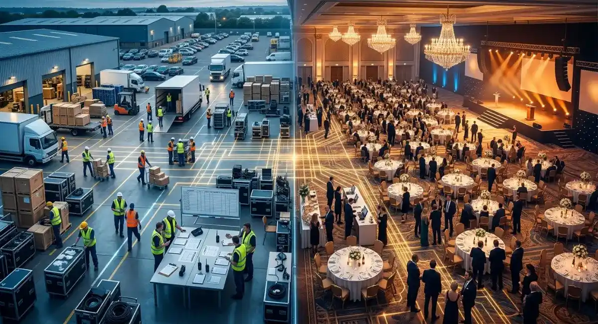Event Logistics Planning in action — backstage crew coordinating freight and staffing while a flawless corporate gala unfolds seamlessly for guests.