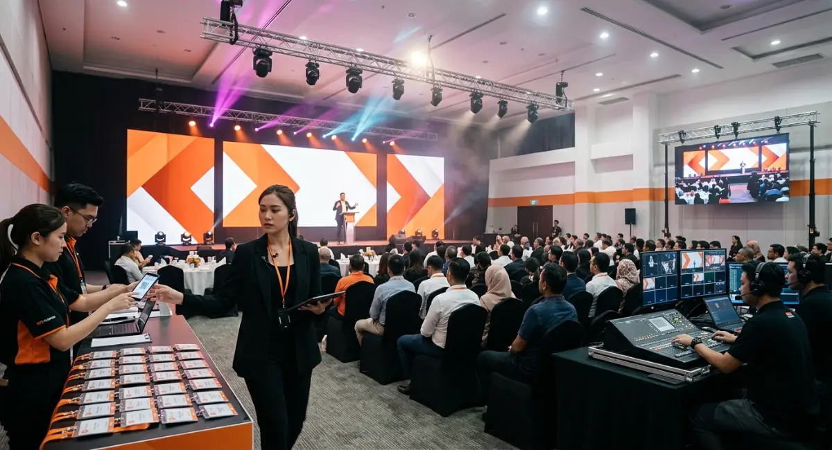 On-site event coordination team managing a live corporate seminar with stage lighting and LED screen in Kuala Lumpur