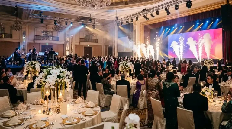 Gala dinner ballroom in Malaysia with guests in formal wear applauding as CO2 stage effects and colorful lighting open the event