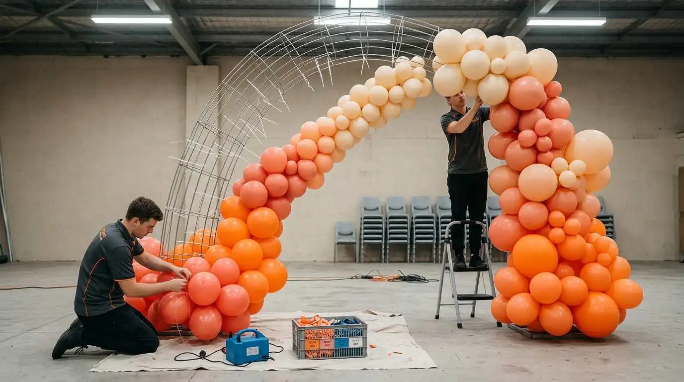 Crew hand-tying balloon clusters onto a custom frame during a balloon installation build