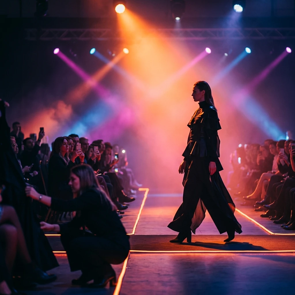 Colorful fashion show runway event with model walking under vibrant stage lighting, Kuala Lumpur event production