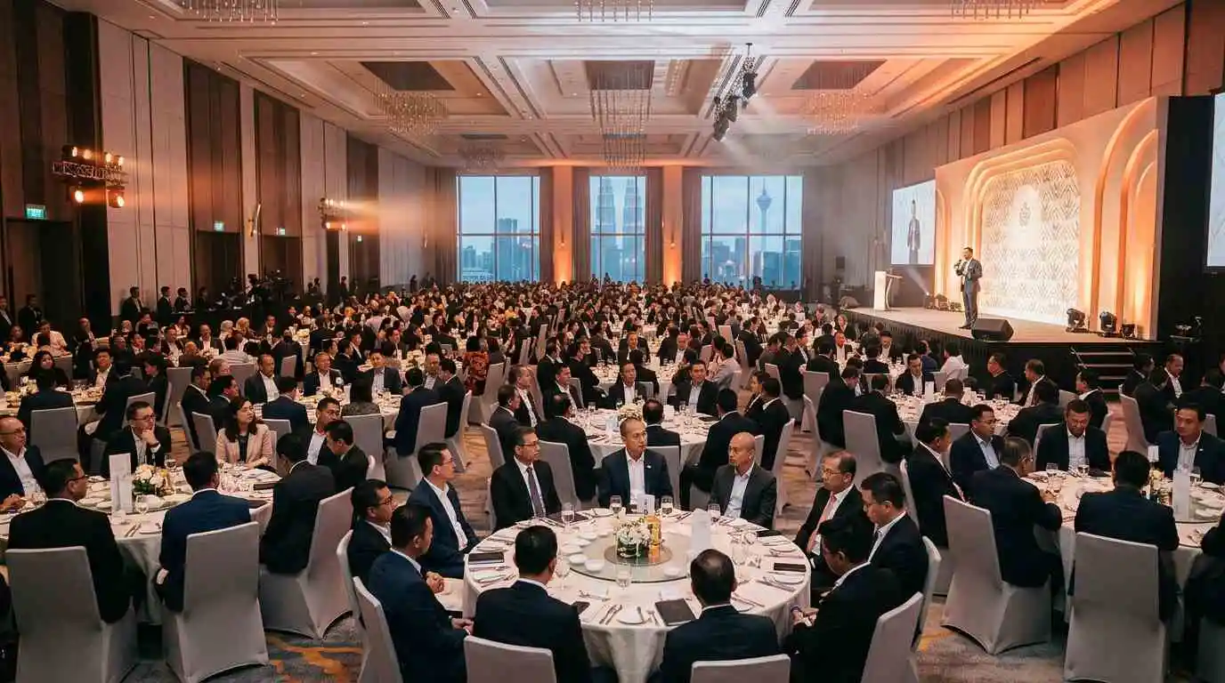 Corporate event production in a Kuala Lumpur ballroom with staged lighting and a full audience