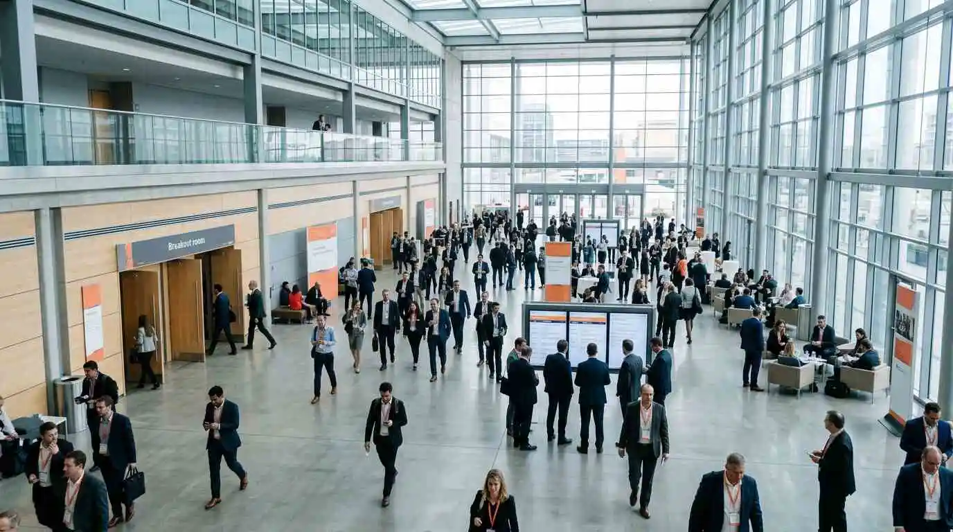 Delegates moving between breakout sessions in a daylit convention center foyer