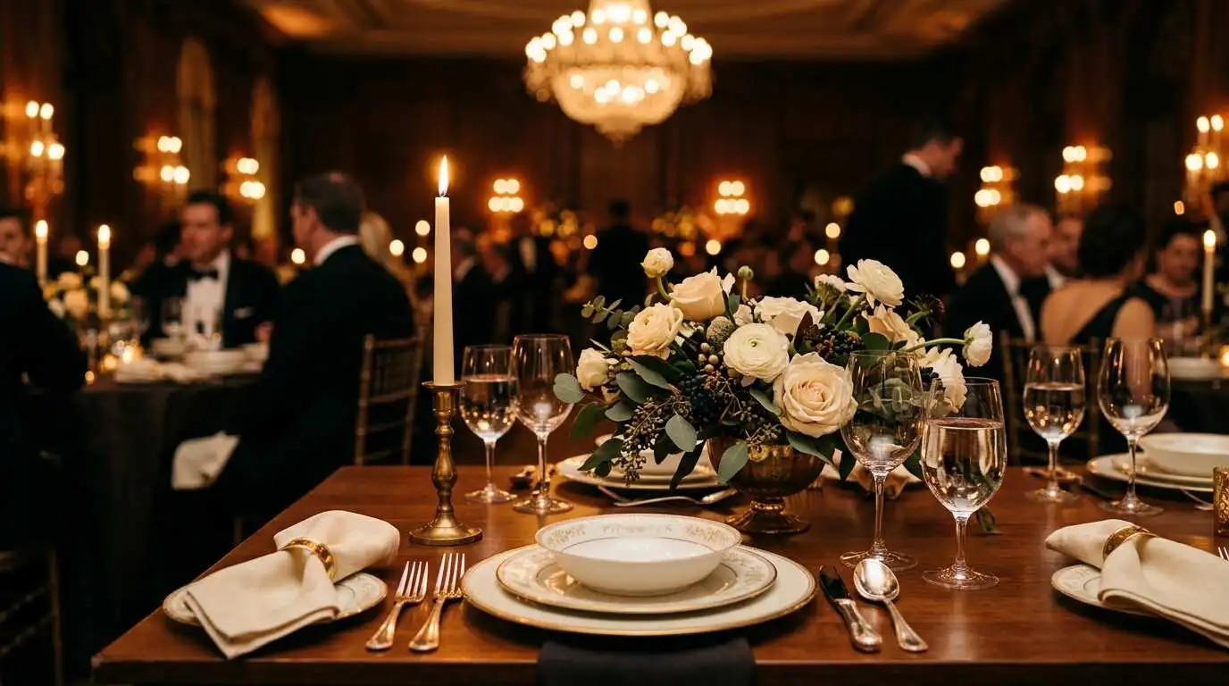 Elegant place setting at a formal gala dinner table with candlelight and soft chandelier bokeh
