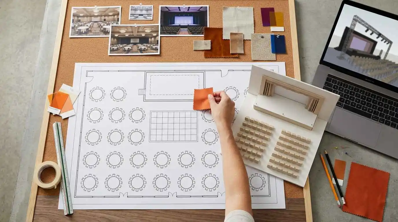 Overhead view of an event floor plan, scale model stage, and venue mood board on a design table