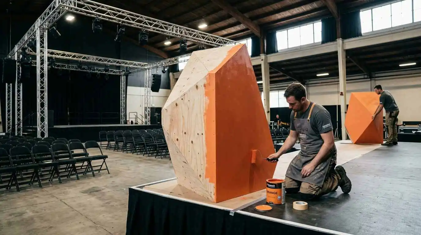 Crew installing and finishing a custom-fabricated set piece on an event stage during setup