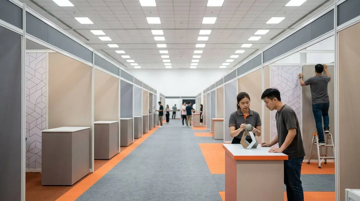 Exhibition booth staff demonstrating a product to a visitor in a trade show hall aisle