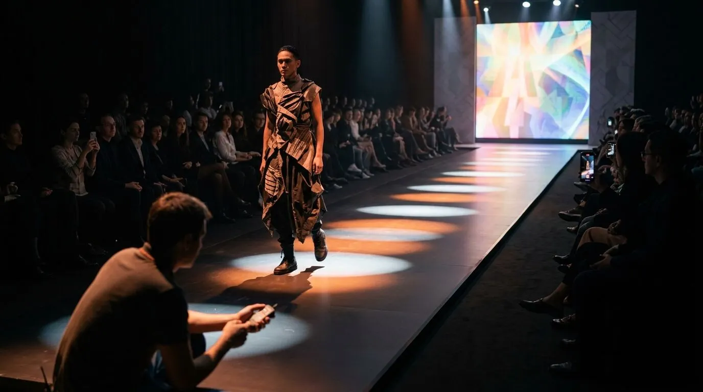 Model walking a spotlit runway during a fashion show with seated audience on both sides