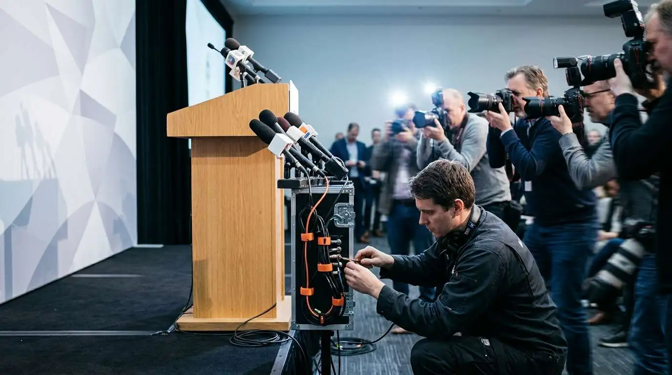 Event technician adjusting press mult-box cables beside a podium during a press conference