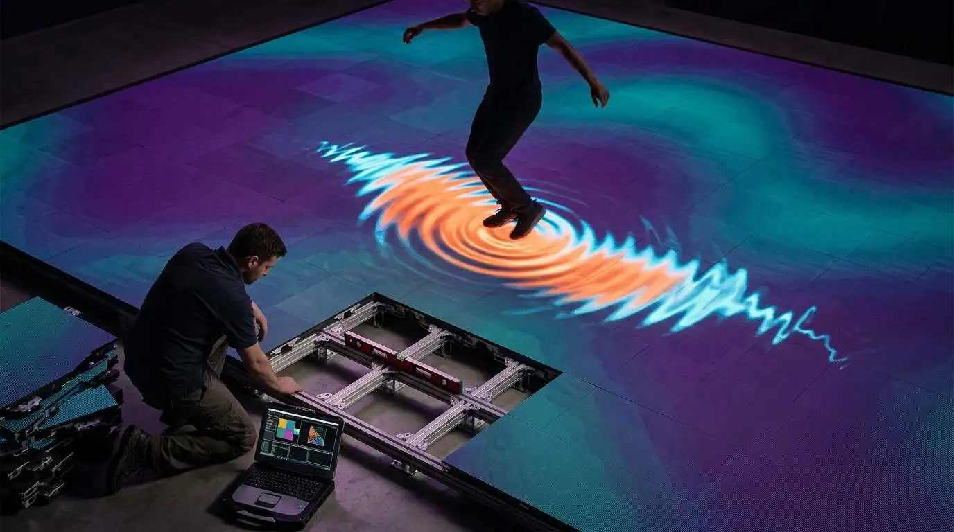 Dancer triggering a reactive light ripple on an LED floor while a technician checks the load-bearing frame
