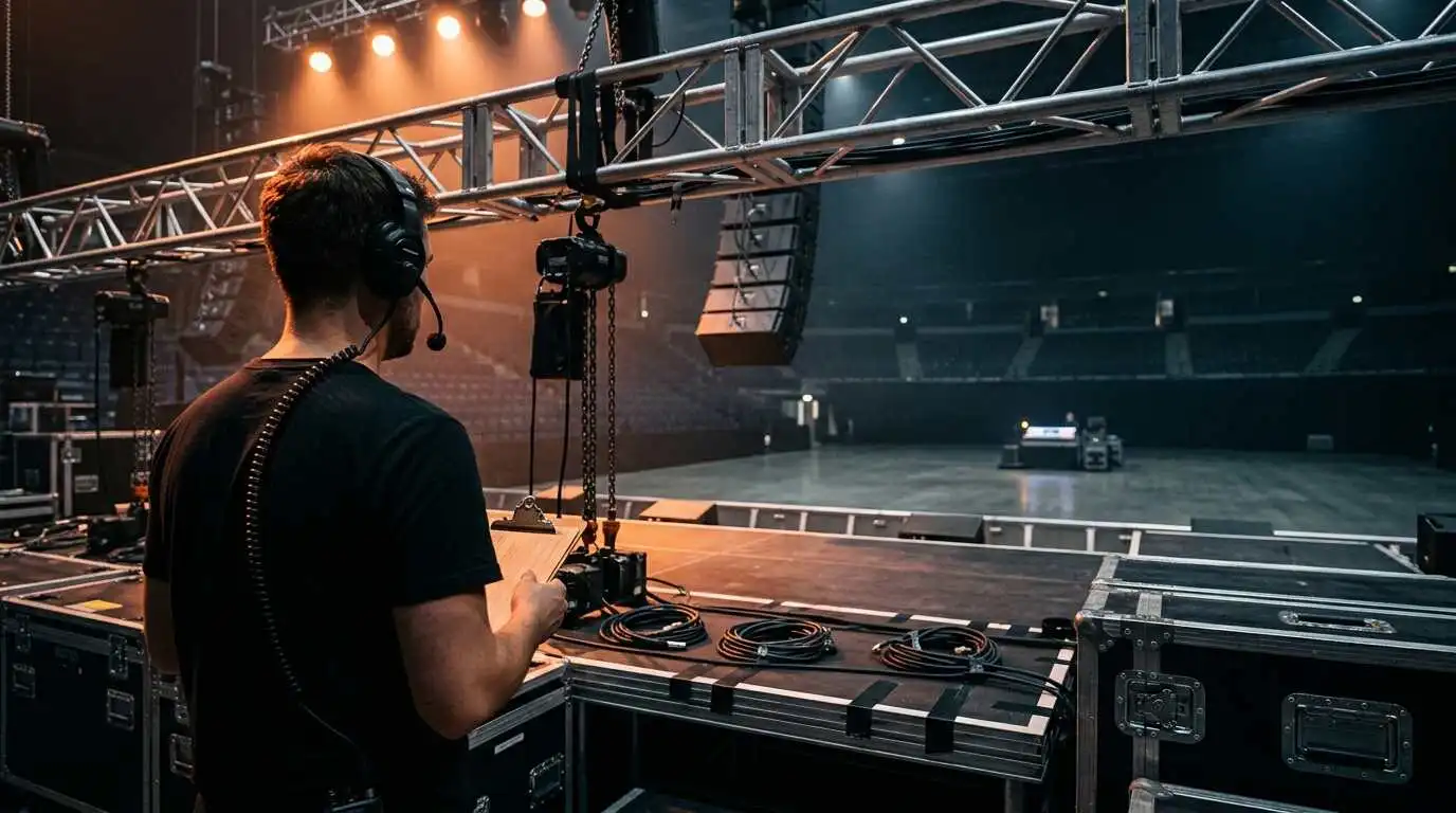 Live event production crew during concert venue load-in