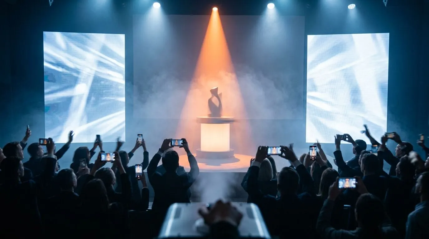 Product reveal on an illuminated pedestal with fog effects and crowd capturing the moment on phones