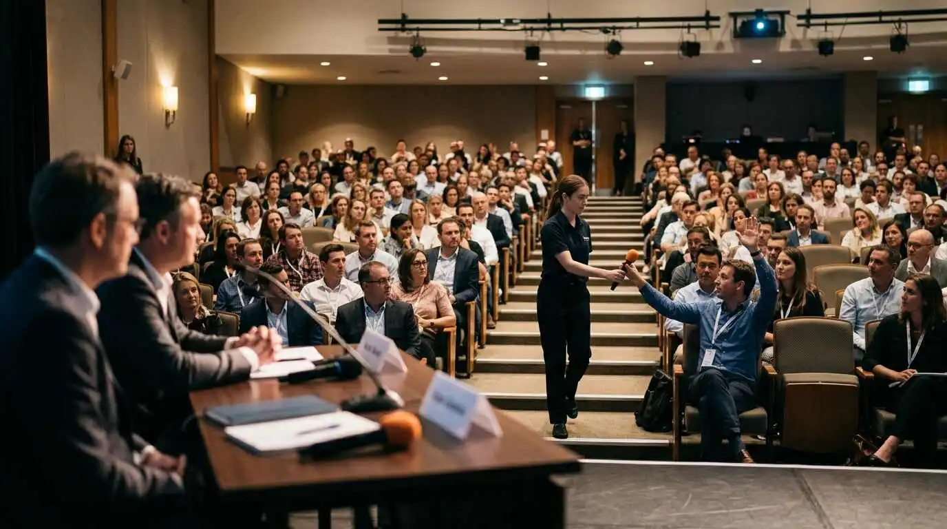 Event staff managing audience Q&A microphone handoff during a seminar panel discussion