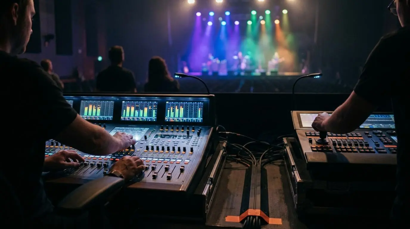 Sound and lighting engineers operating mixing consoles at a front-of-house booth during a live event