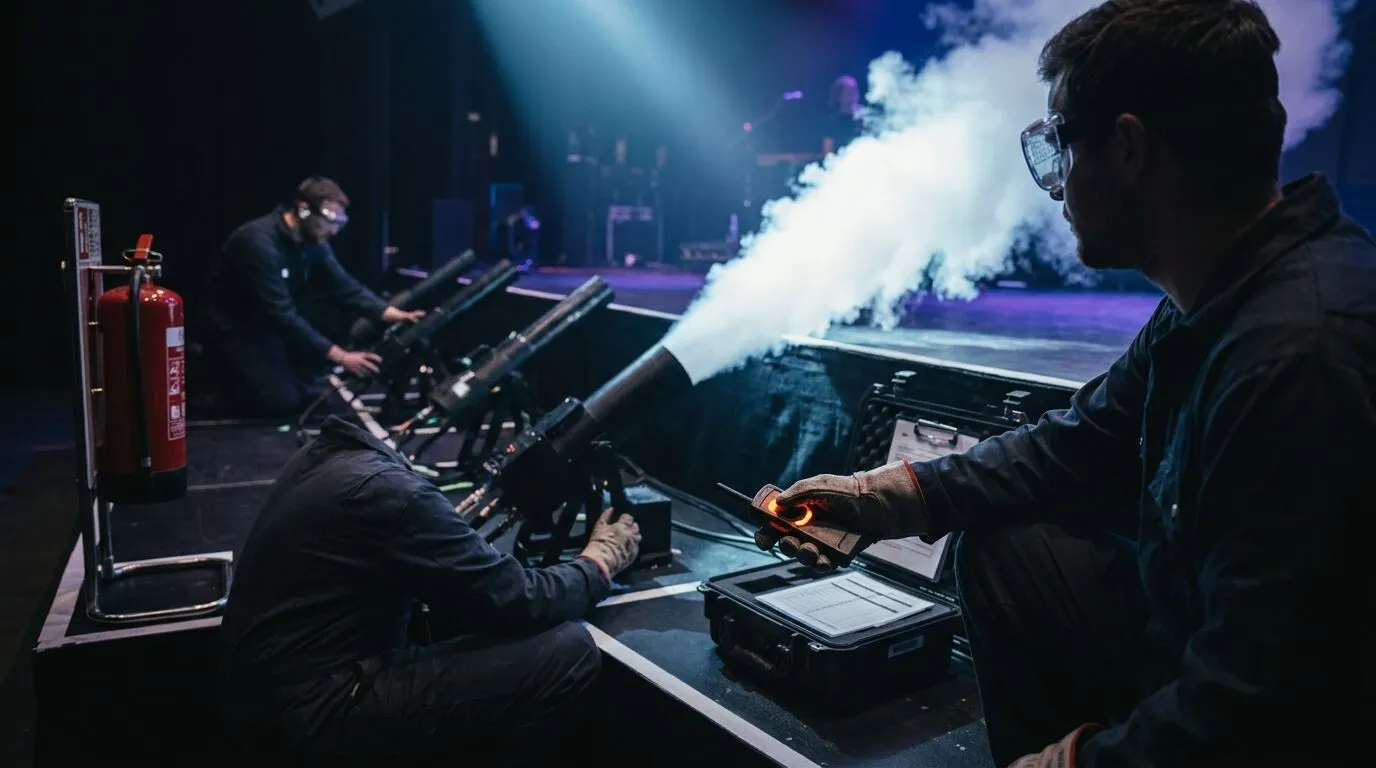 Special effects technician triggering a CO2 burst from a safety-checked control point on stage