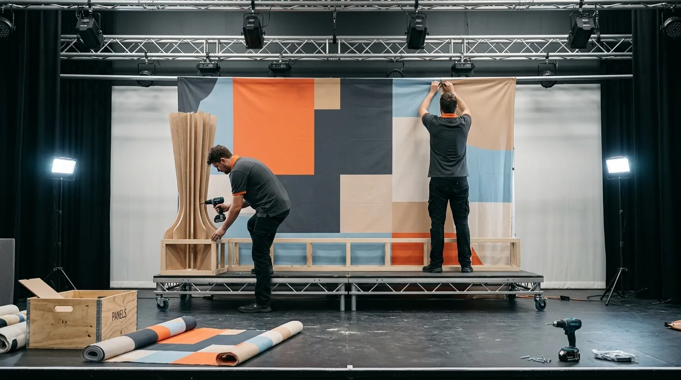Crew installing a custom fabric backdrop and sculptural set piece on stage before an event