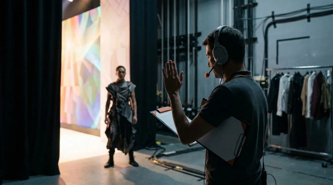 Stage manager cueing a performer backstage during a live show run-of-show