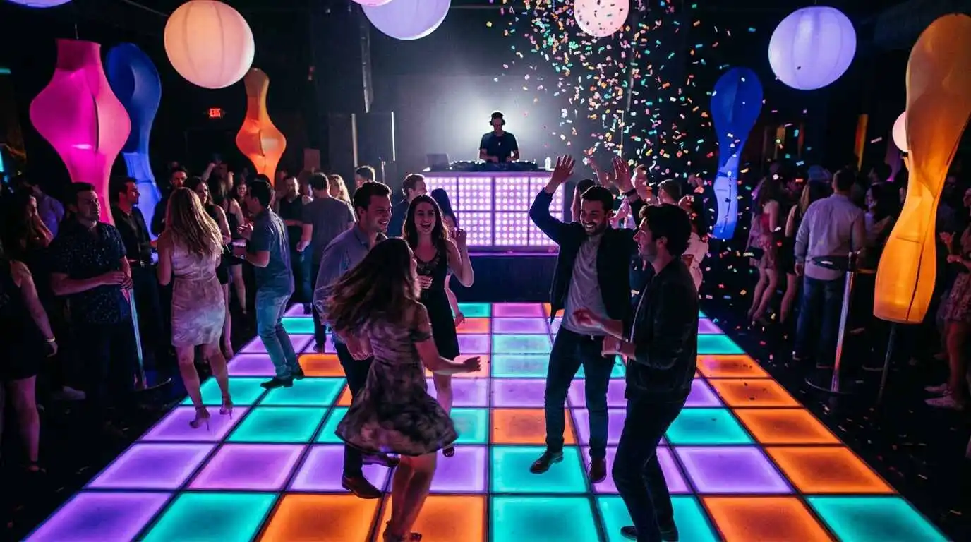 Guests dancing on an illuminated color-lit floor at a themed party with confetti and sculptural decor