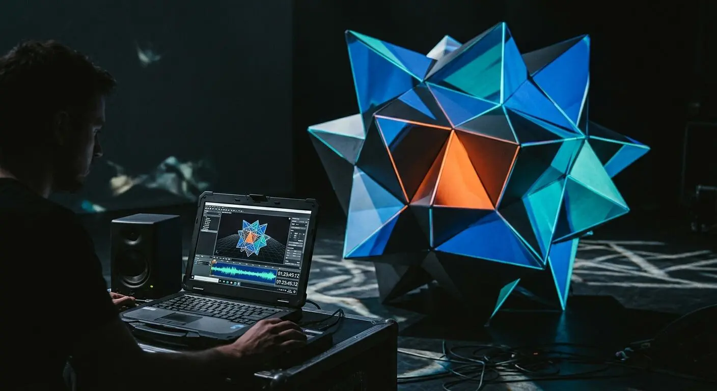 Technician syncing precision-mapped visuals to a 3D sculptural set piece using waveform and timecode software
