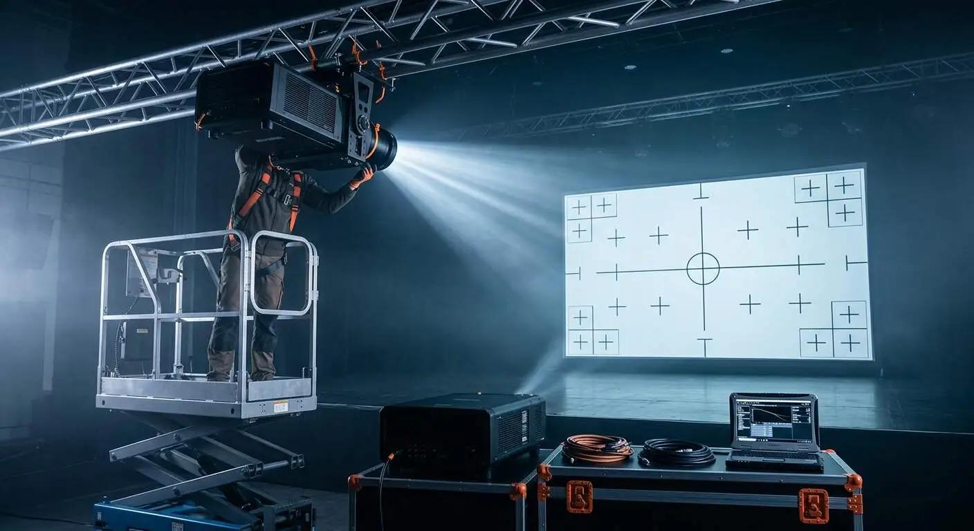 Technician rigging a large-format projector on stage truss with a visible beam and test-pattern calibration