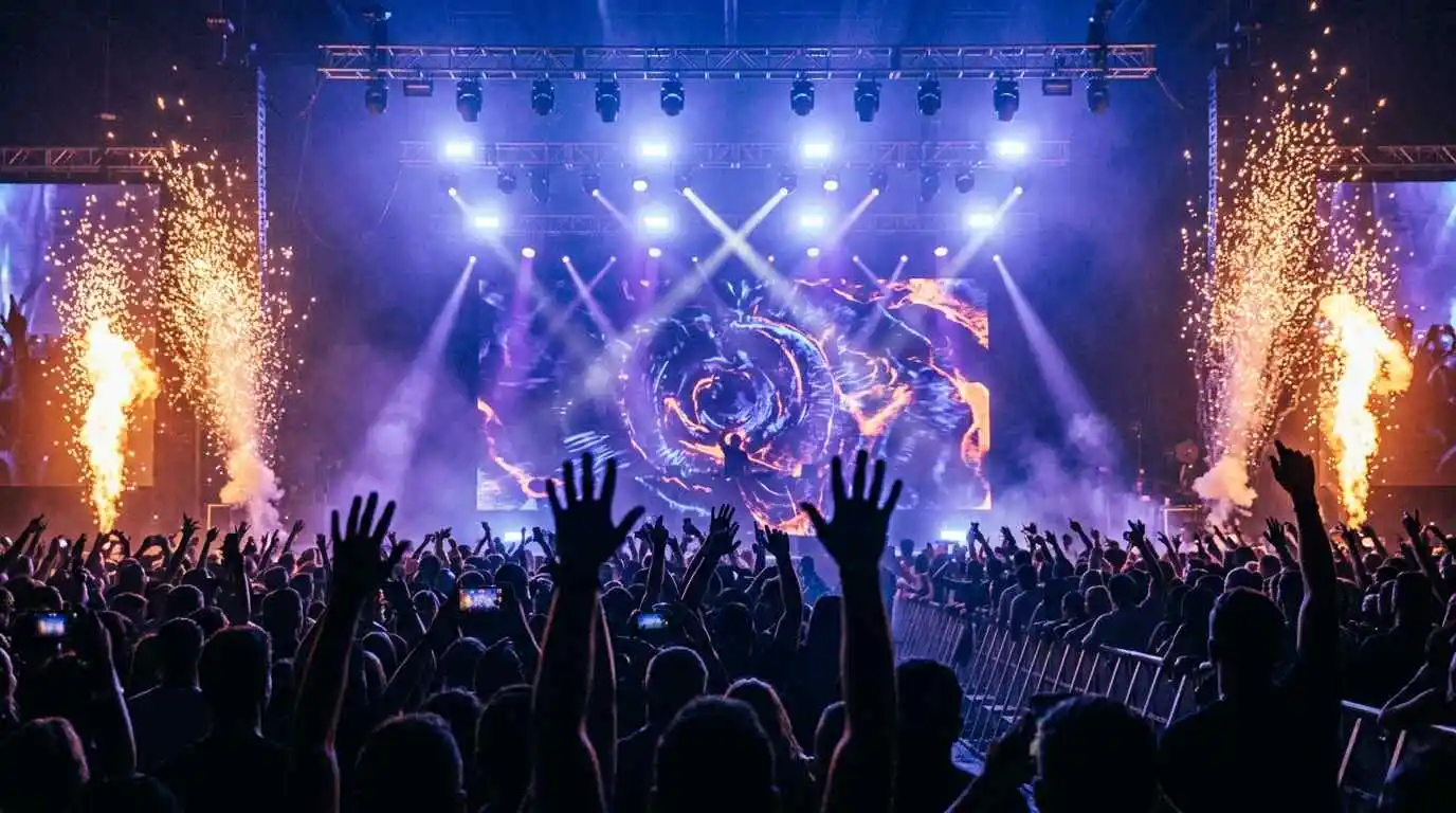 Large crowd with raised hands at a concert-scale themed party stage with lighting rig and pyrotechnics