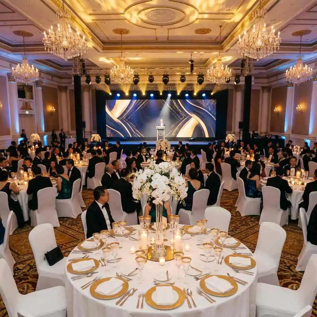 Black-tie corporate gala dinner in a Kuala Lumpur hotel ballroom, set up by Genio's gala dinner event company in Malaysia