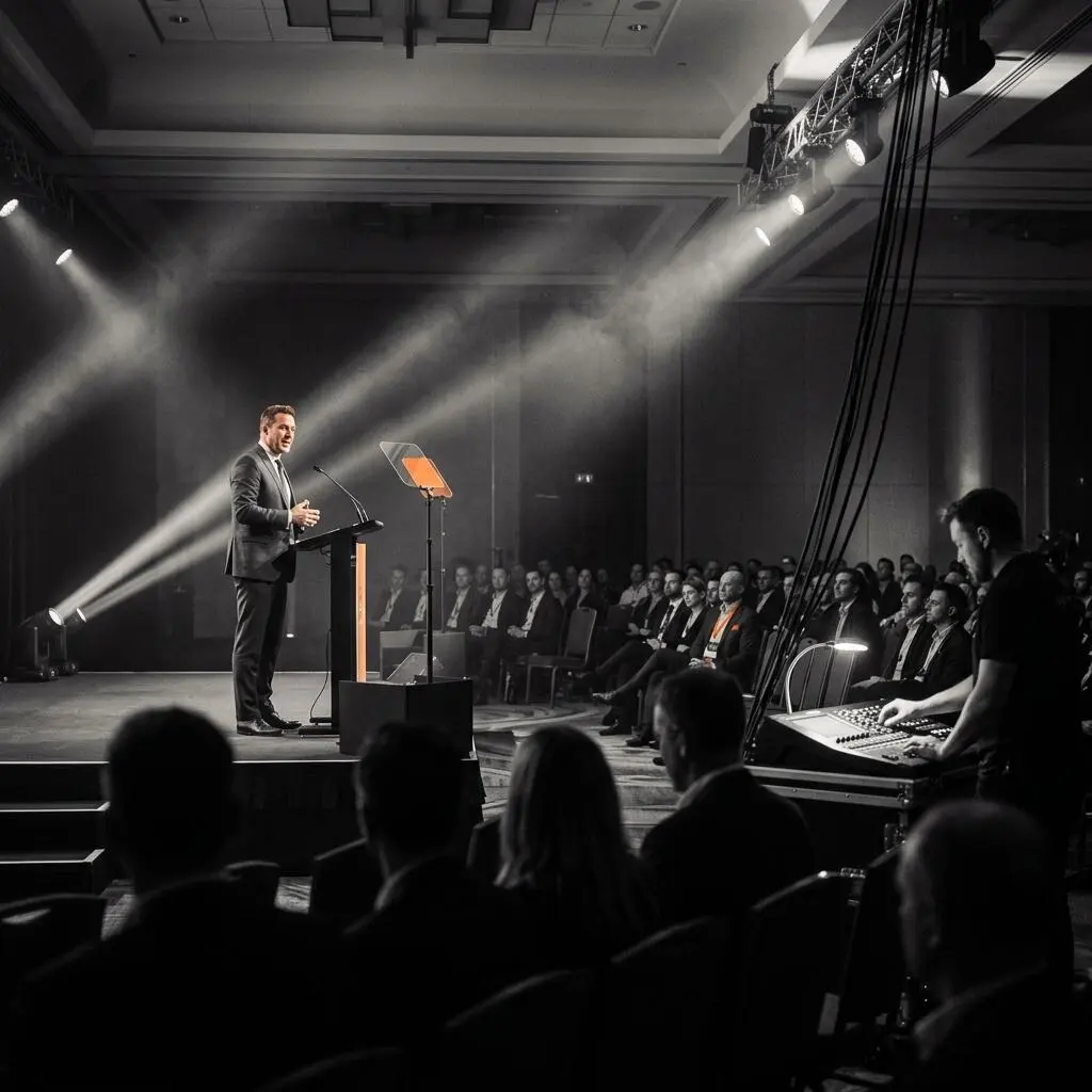 corporate conference event with stage lighting and audience, professional AV production in Kuala Lumpur