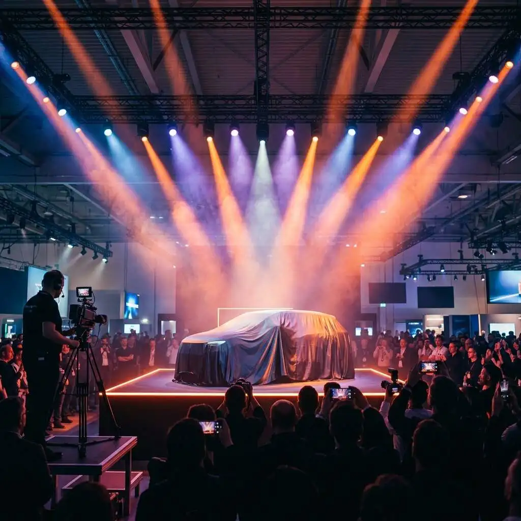Colorful product launch event with vivid stage lighting and live audience, Kuala Lumpur production