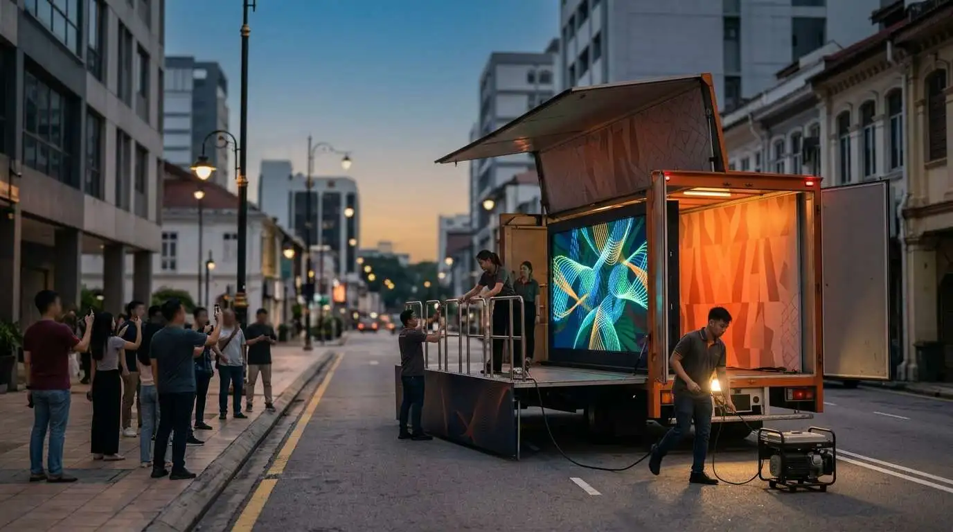 Crew setting up a mobile stage truck for an outdoor road show activation on a city street at dusk