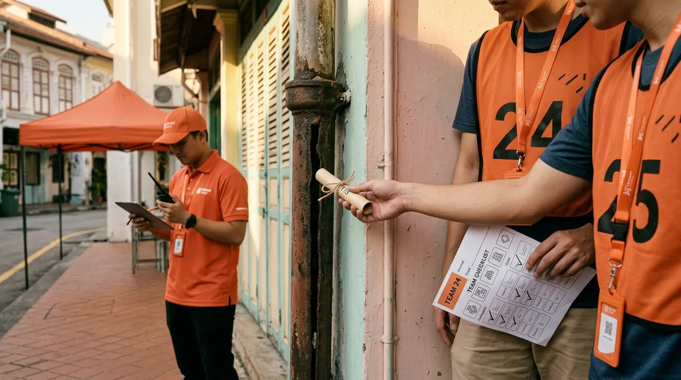 Event staff logging a team's progress at a checkpoint as they find a hidden clue during a corporate treasure hunt