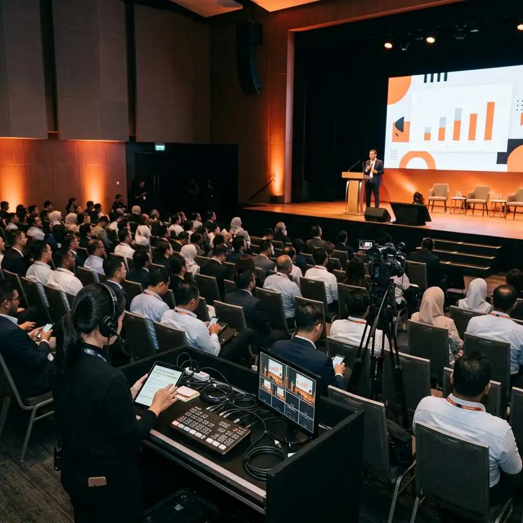 Delegates in theatre-style seating at a corporate conference in Kuala Lumpur, with Genio's crew running live AV from the control desk