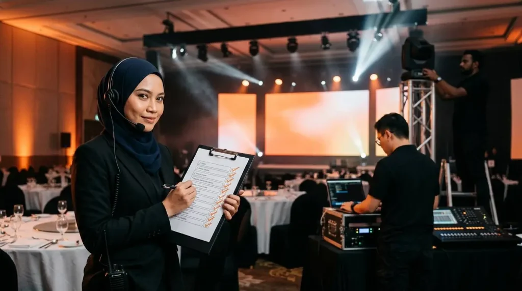 Event manager ticking a corporate event planning checklist during a ballroom rehearsal in Kuala Lumpur