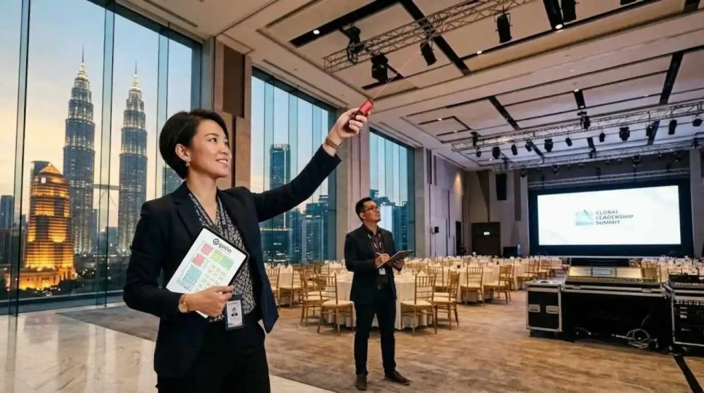 Event planner inspecting a ballroom in Kuala Lumpur with the Petronas Towers skyline, checking a corporate event venue before booking