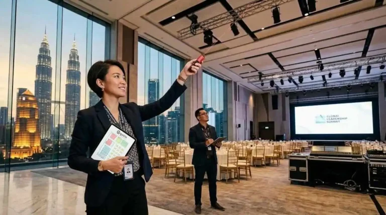 Event planner inspecting a ballroom in Kuala Lumpur with the Petronas Towers skyline, checking a corporate event venue before booking