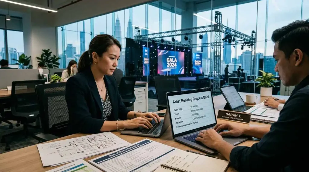 Corporate event organizer preparing an event brief with date, venue, audience, budget, performance and content requirements before requesting an artist agency quote in Malaysia.