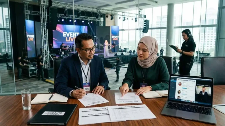Corporate event organizer reviewing an artist and talent management agency booking, including artist rider, PUSPAL compliance, quotation, and show-day planning in Malaysia.